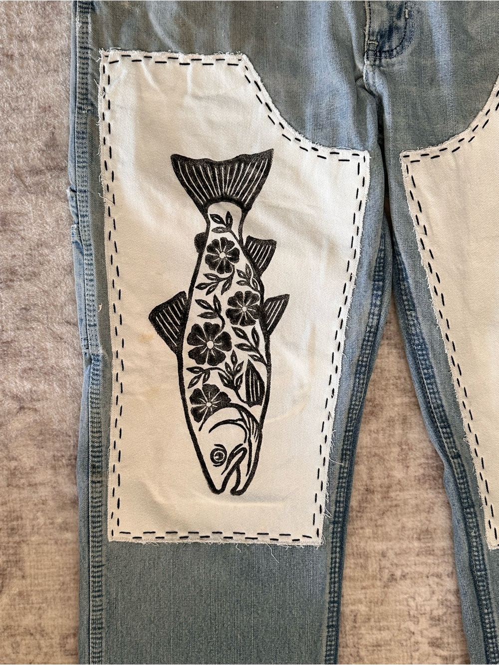 Upcycled Fish Block Print Double Knee Vintage Jeans - Picture 3 of 7